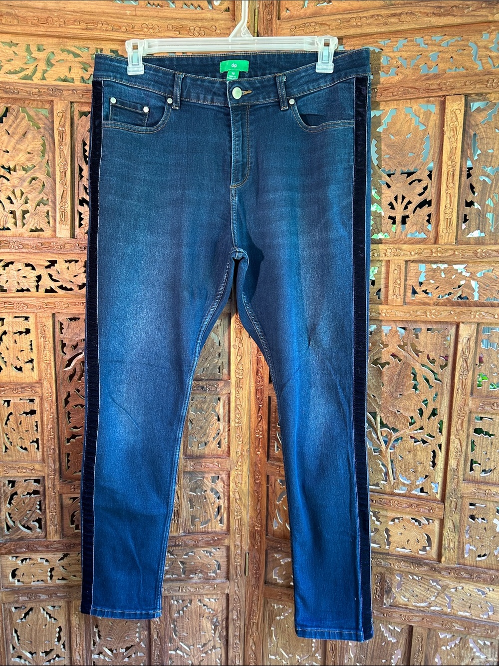 dip Slim Dark Blue Skinny Jeans with Blue Velvet Side Stripe.  Size 16